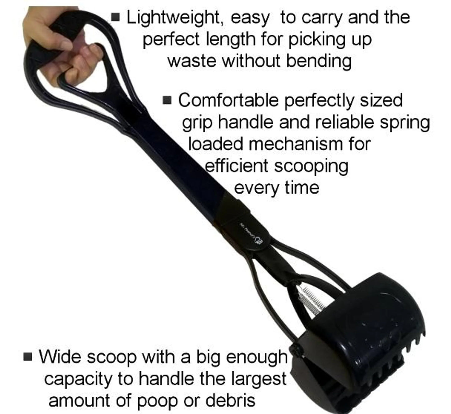 Black metal dog grooming tool with measurement label on a white background