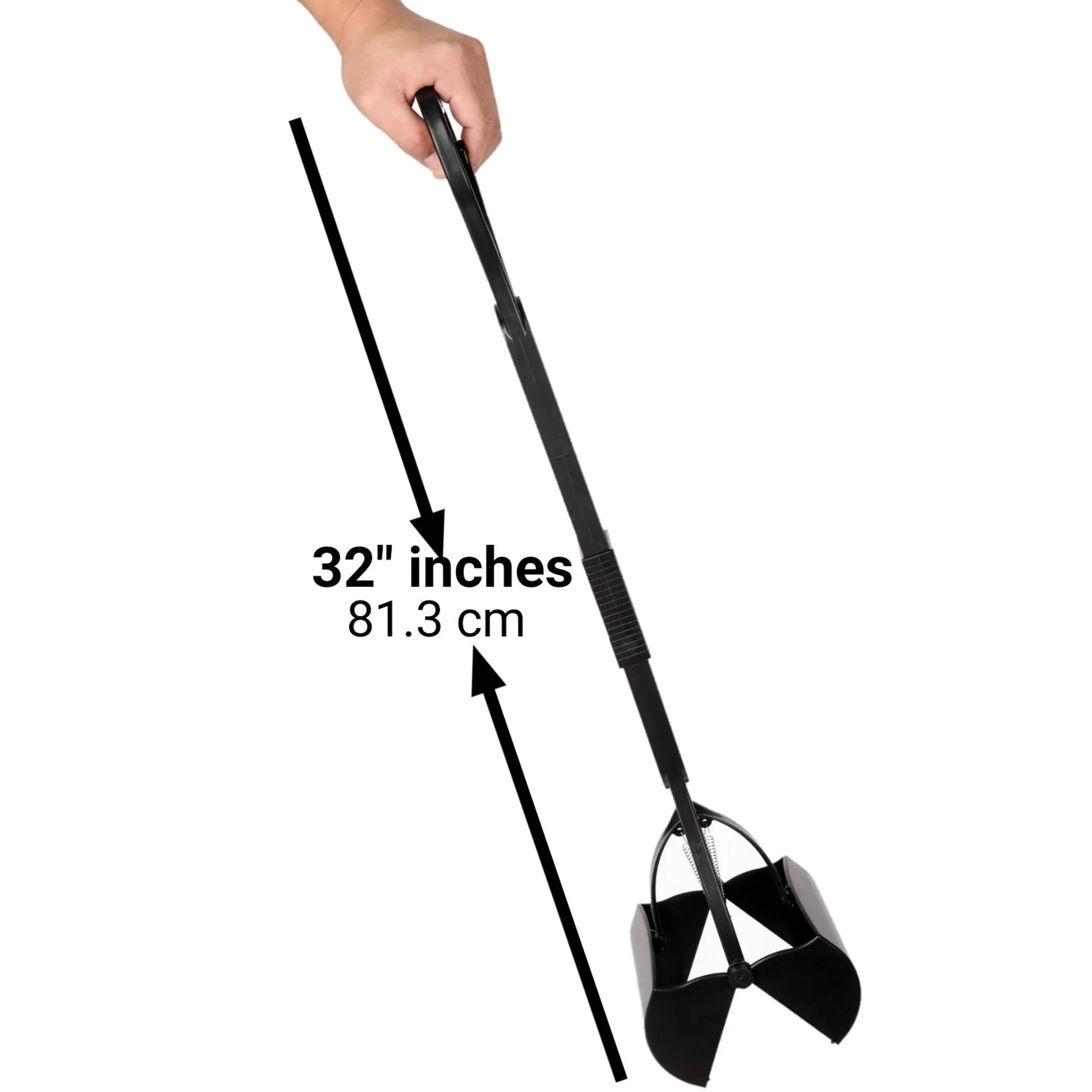 Black metal dog grooming tool with measurement label on a white background