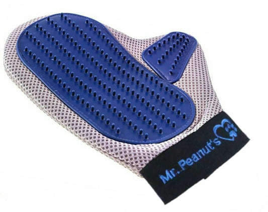 “Mr. Peanut’s pet grooming glove with blue rubber tips, gray mesh fabric, and a black adjustable wrist strap.”