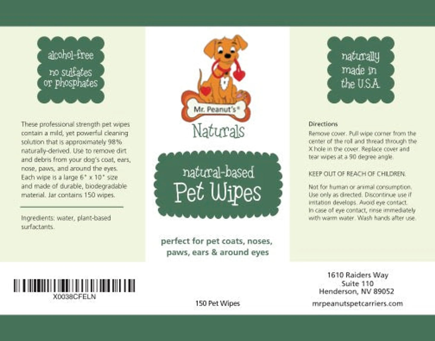 Label of Mr. Peanut's Naturals natural-based pet wipes with product details and branding.