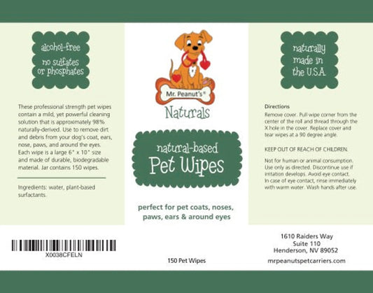 mr-peanuts-naturals-pet-wipesMr. Peanut's Naturals Pet Wipes – Dog peeking under blanket with Cleans Noses text – Natural dog face and nose wipes – Rosie's Pet Paradise