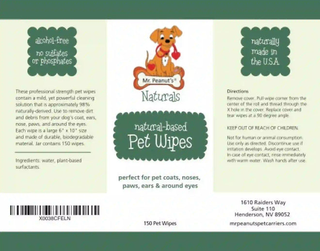 Label of Mr. Peanut's Naturals Pet Wipes package with product details and an illustration of a dog.