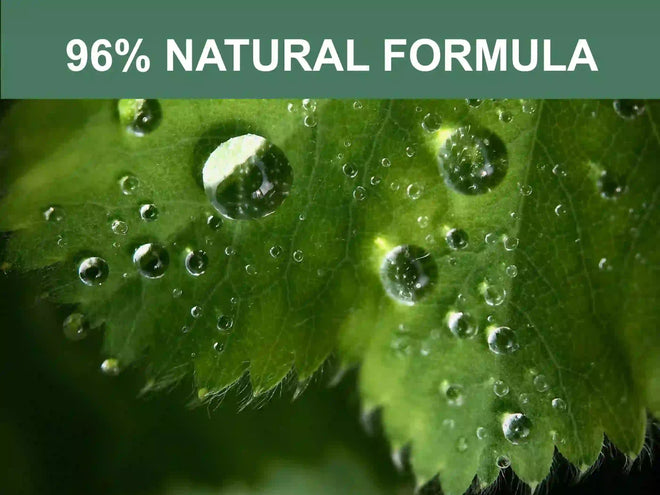 Close-up of green leaves with water droplets and '96% Natural Formula' text on a green background