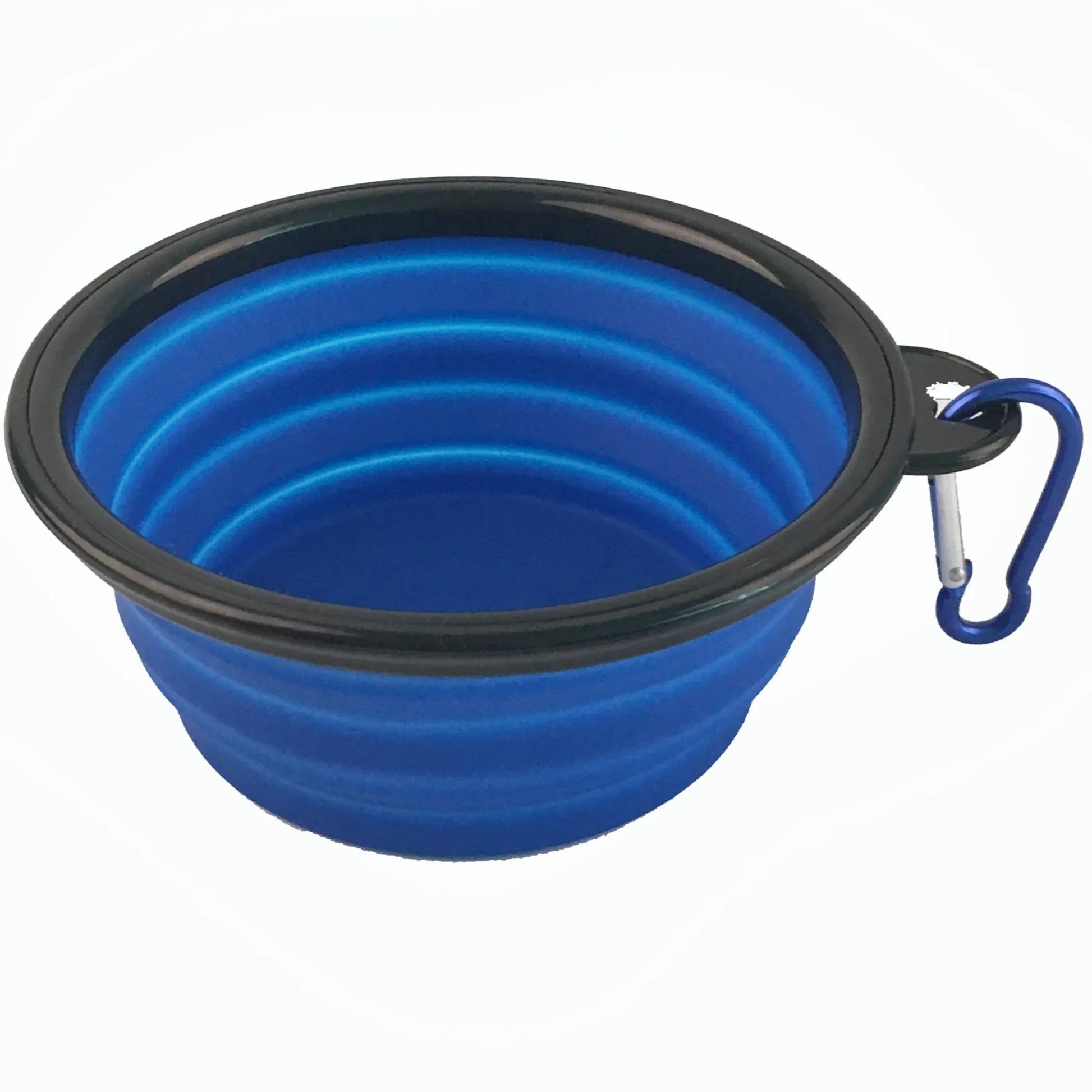 Blue collapsible dog bowl with black rim and carabiner clip – Portable travel dog bowl – Rosie's Pet Paradise