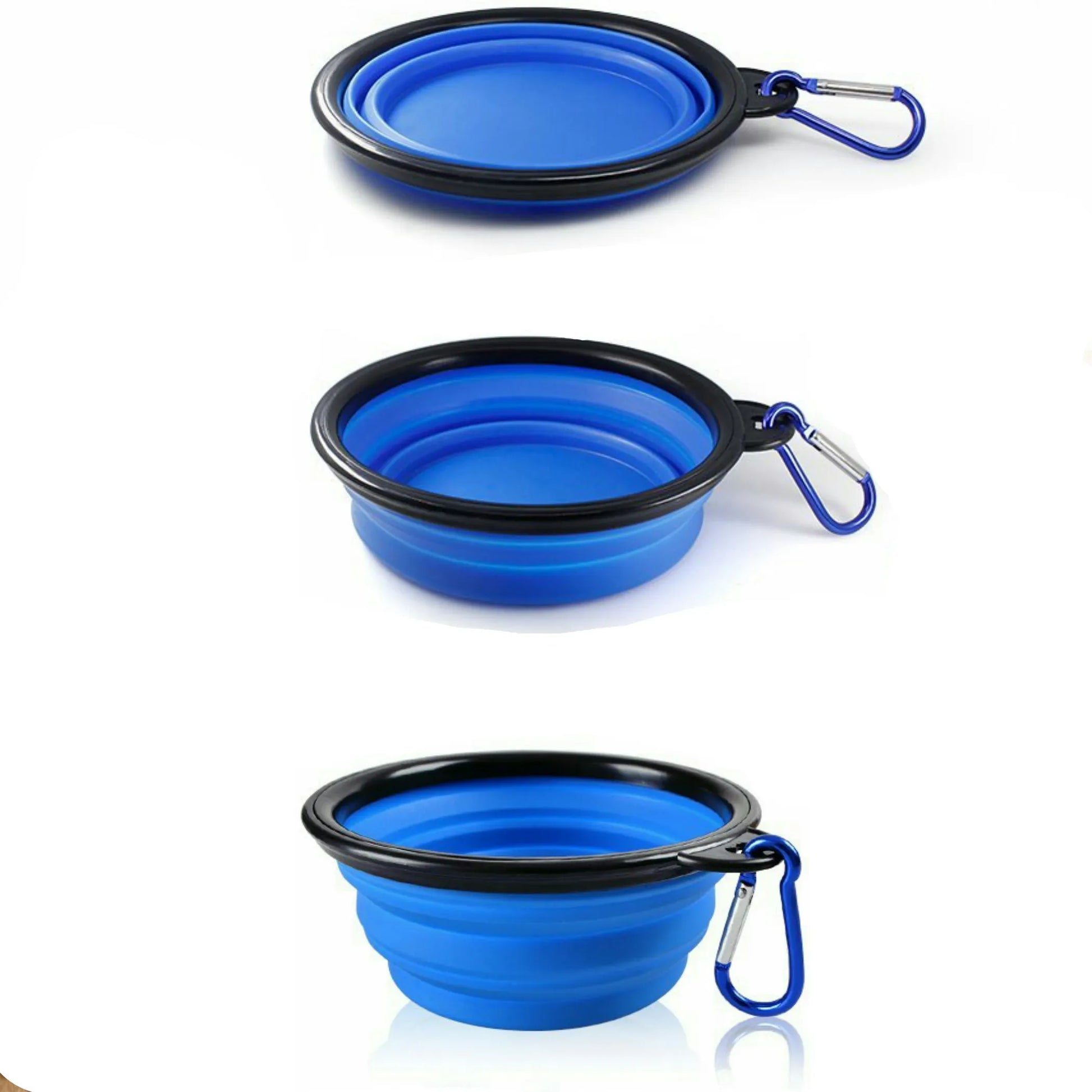 Three blue collapsible pet bowls with black rims and carabiner clips – Portable travel dog bowl set – Rosie's Pet Paradise