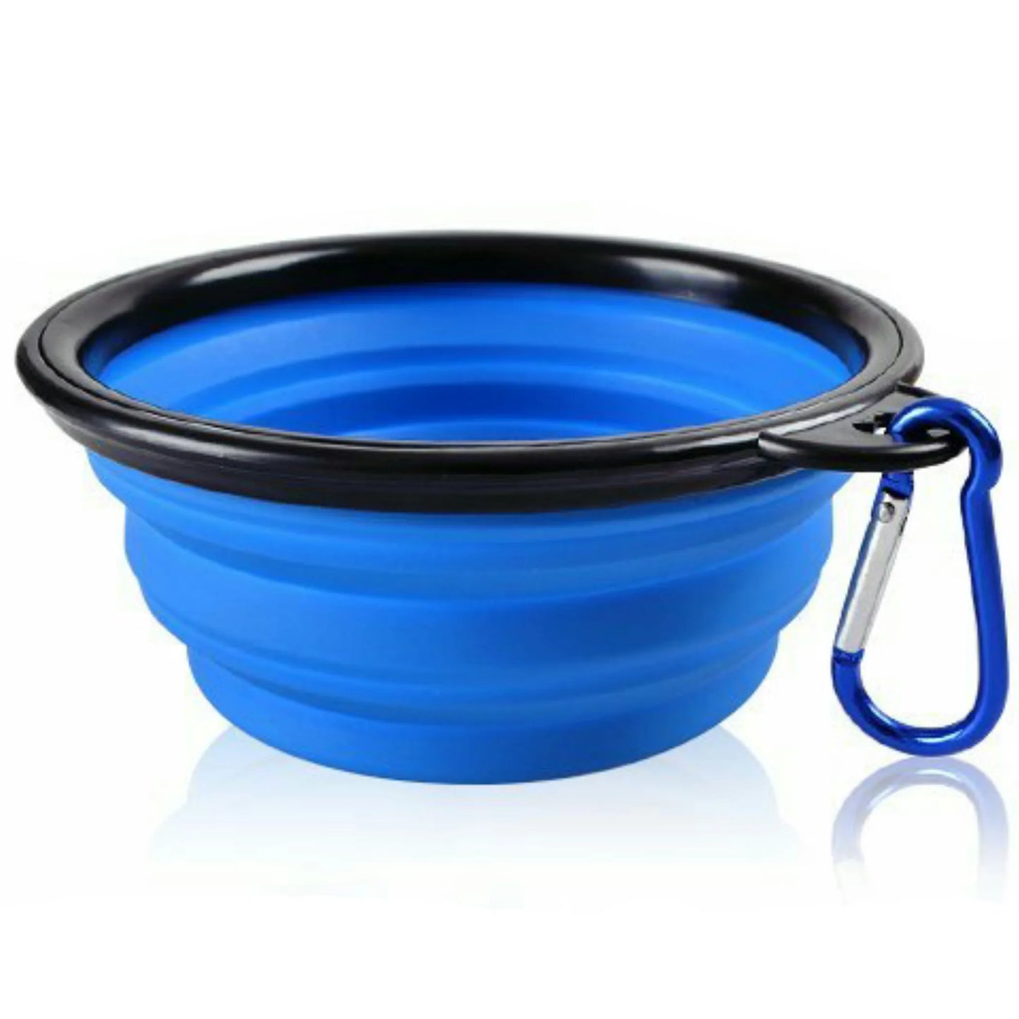 Blue silicone collapsible dog bowl with carabiner clip – Lightweight portable travel bowl – Rosie's Pet Paradise