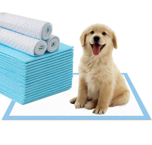 Mr. Peanut's Premium Absorbent Gel Pee Pads with a happy golden retriever puppy sitting on a blue-edged training pad, ideal for pet training.