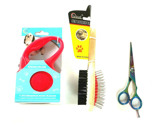 Dog Grooming Gift Set – Red brush, comb and scissors – Retractable leash and grooming tools bundle – Rosie's Pet Paradise
