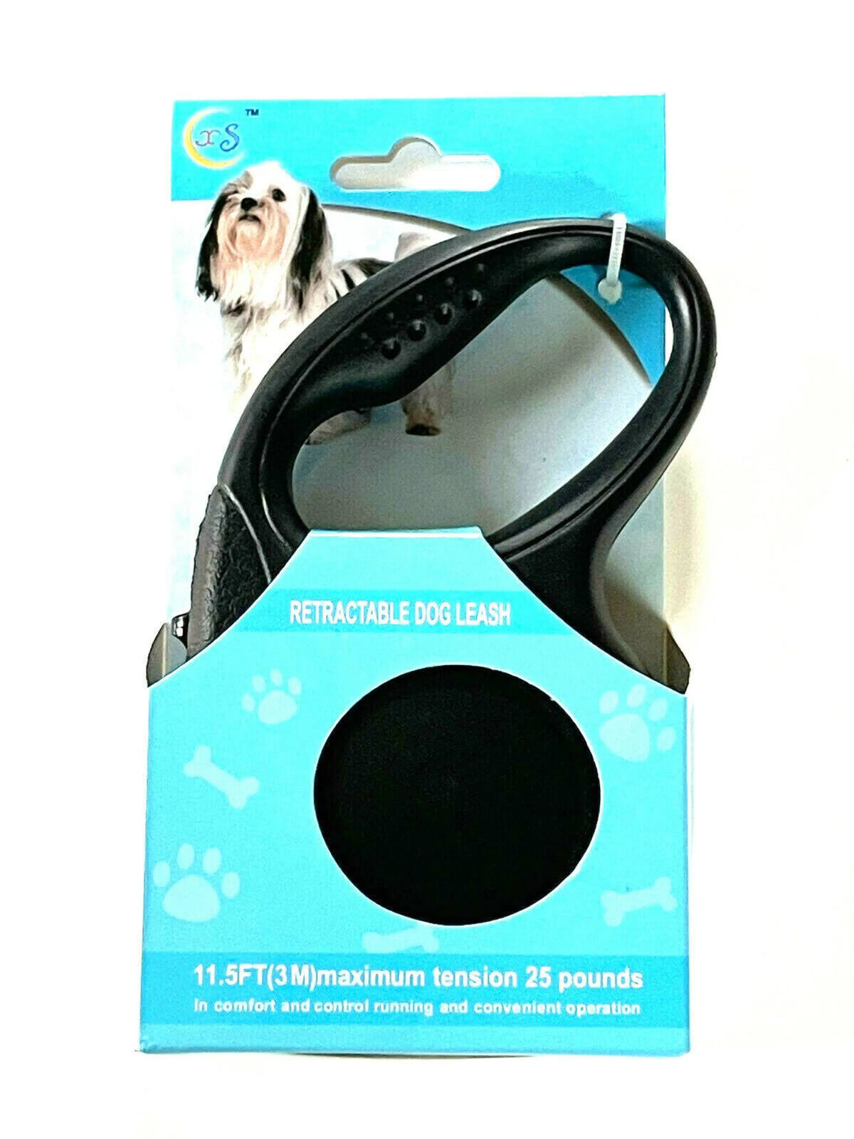 Retractable Dog Leash 11.5ft 3M – Packaging with dog on white background – 25lb max tension retractable pet leash in black – Rosie's Pet Paradise