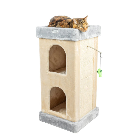 Armarkat Real Wood Double Condo Cat House – Cat sitting on beige and gray carpeted cat tree on white background – Rosie's Pet Paradise