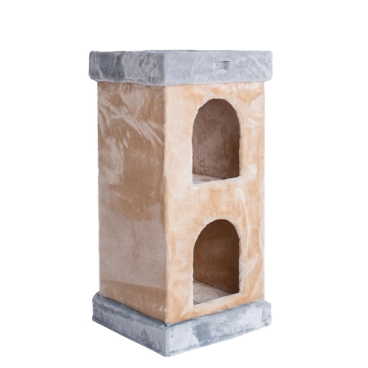 Cat tree with multiple levels and a platform on a white background