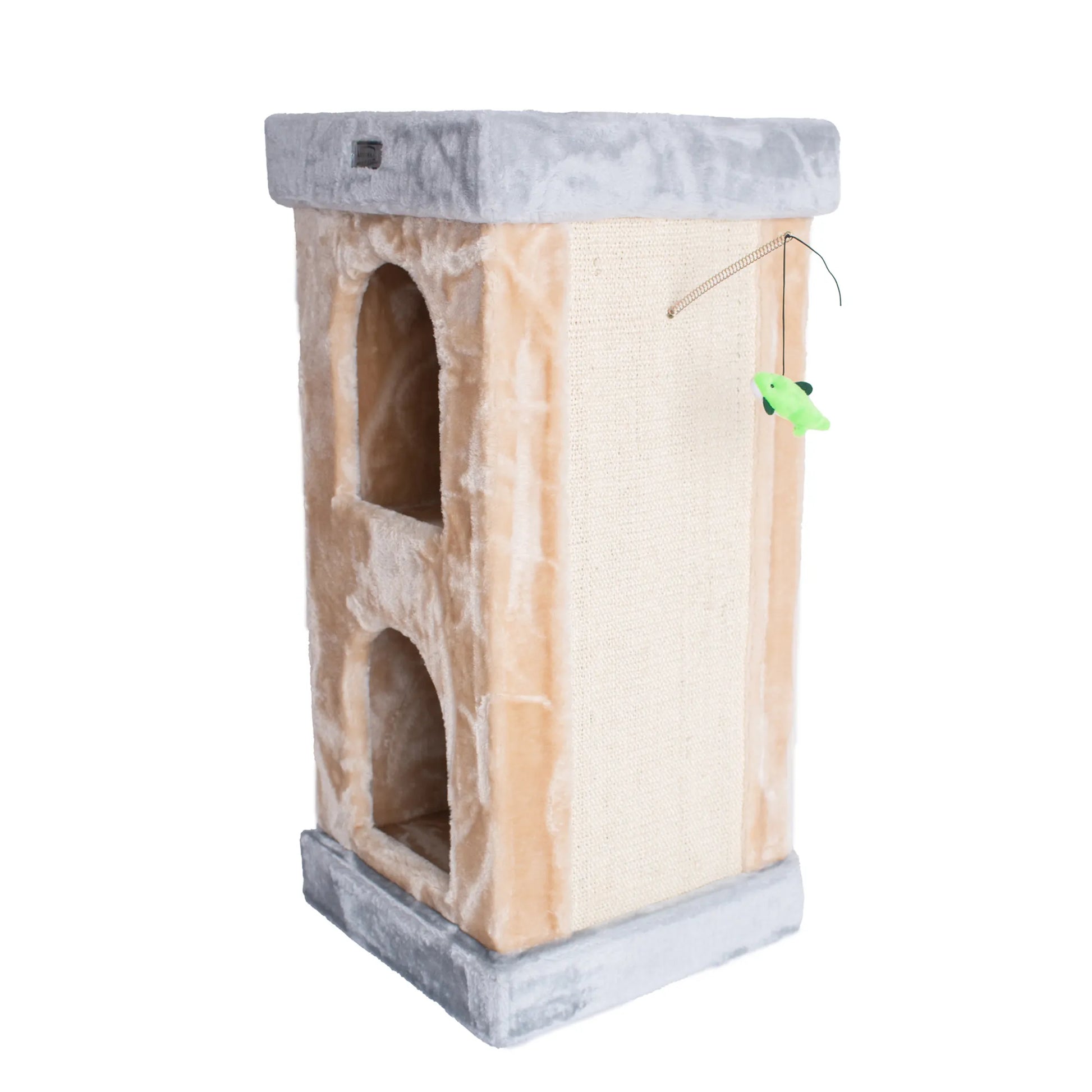 Cat tree with multiple levels and a hanging toy on a white background
