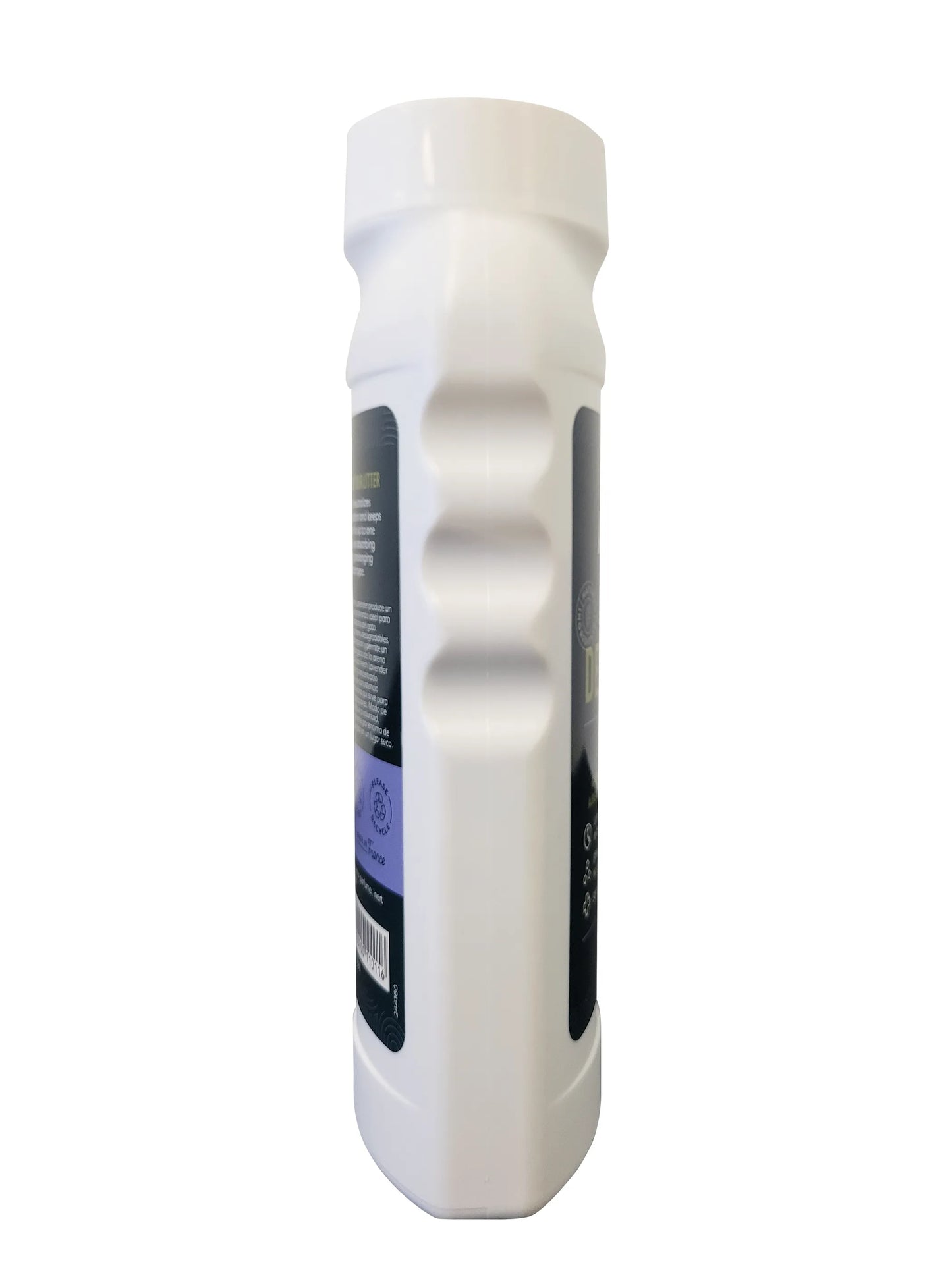 White bottle with a label on a white background