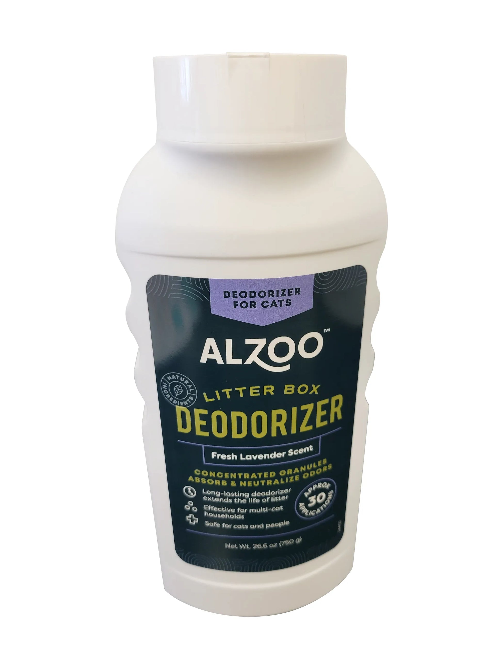 Alzoo litter box deodorizer bottle for cats on a white background