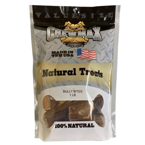 A bag of Chewmax Natural Treats, Bully Bites, indicating 100% Natural and Made in the USA.