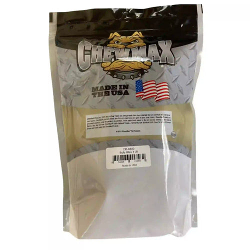 A bag of Chewmax Natural Treats, Bully Bites, indicating 100% Natural and Made in the USA.