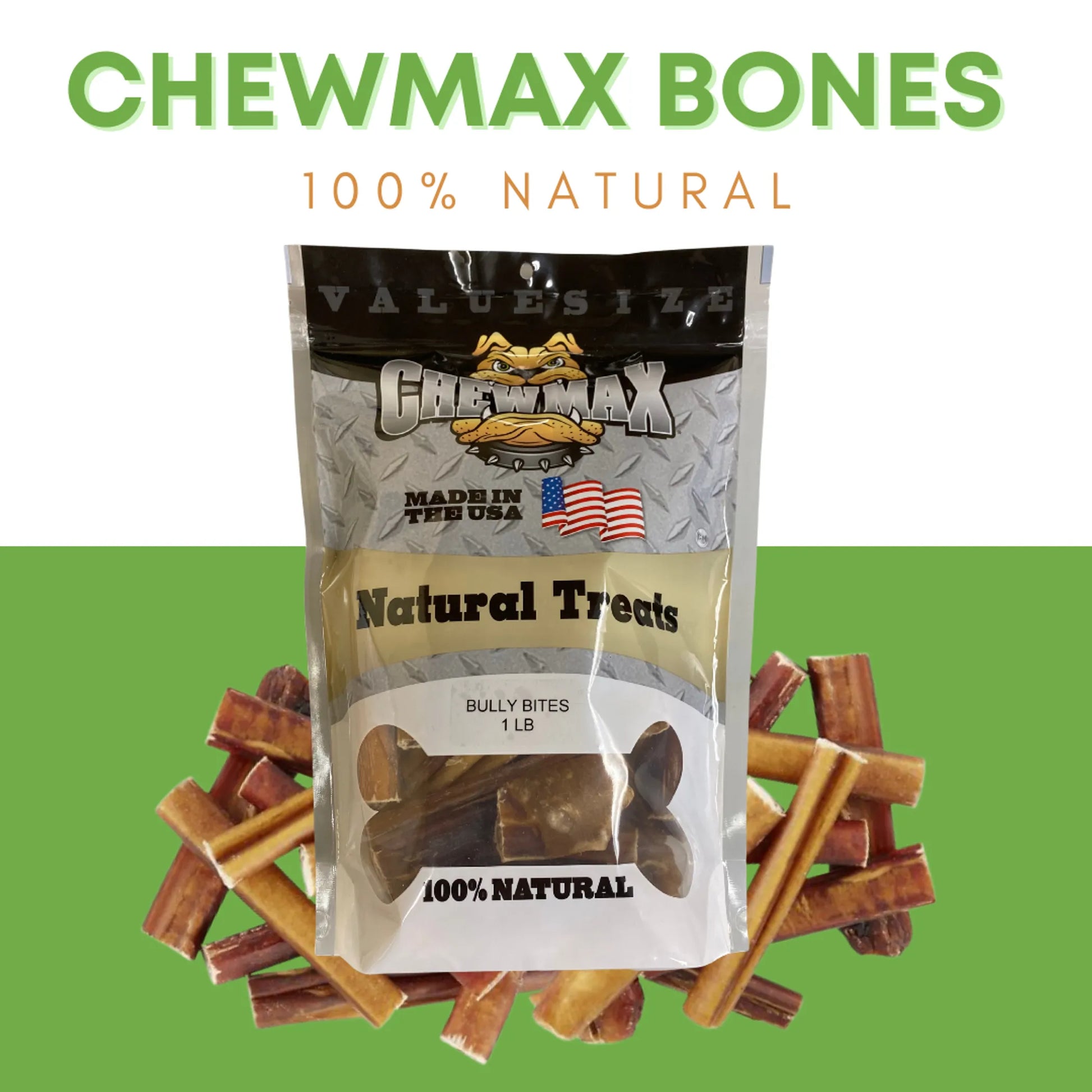 Bully Bites Dog Chew Sticks – Two bully sticks on green background highlighting product features – Natural dog chews – Rosie's Pet Paradise