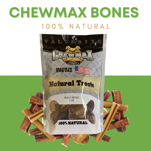 A bag of Chewmax Natural Treats, Bully Bites, indicating 100% Natural and Made in the USA.