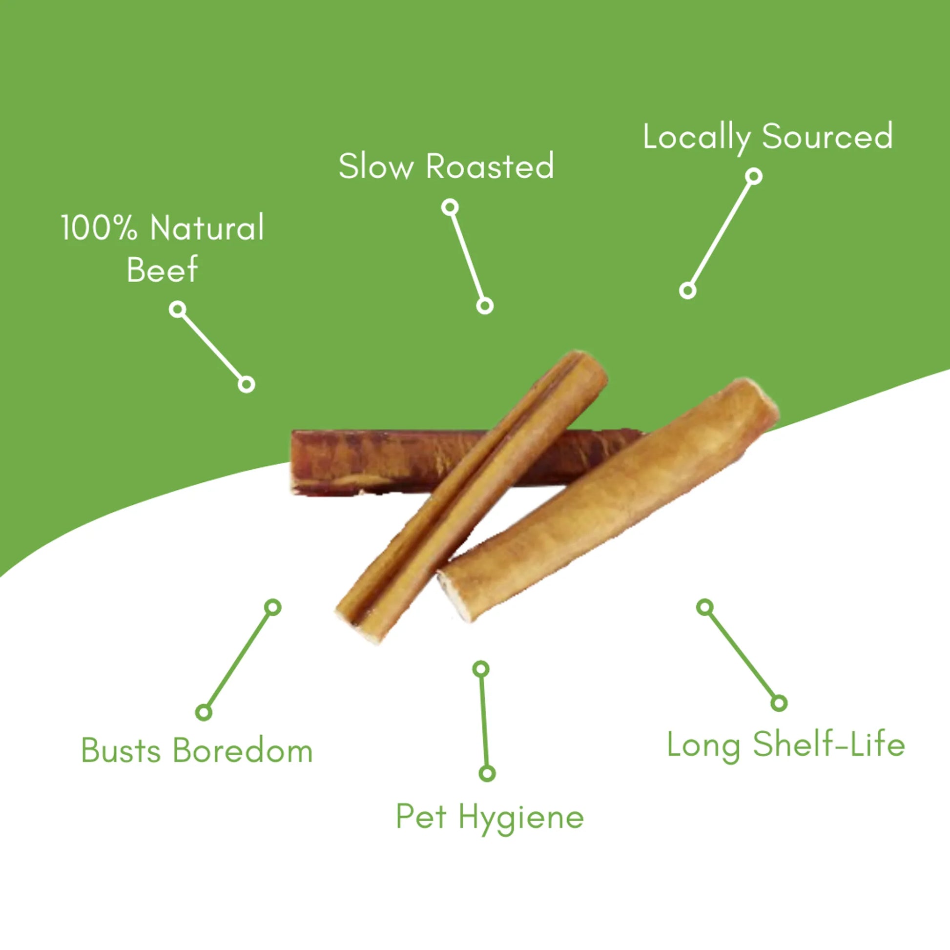 Bully Bites Dog Chew Sticks – Two bully sticks on green background highlighting product features – Natural dog chews – Rosie's Pet Paradise
