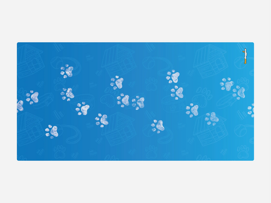 Blue mat with white paw prints on a white background