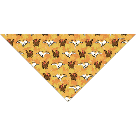 Dog bandana with chicken and rooster pattern on a yellow background