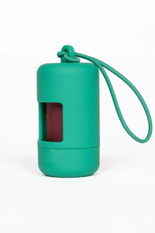 Fresh Peppermint Waste Bag Dispenser – Teal dispenser with red bag roll and wrist loop on white background – Rosie's Pet Paradise