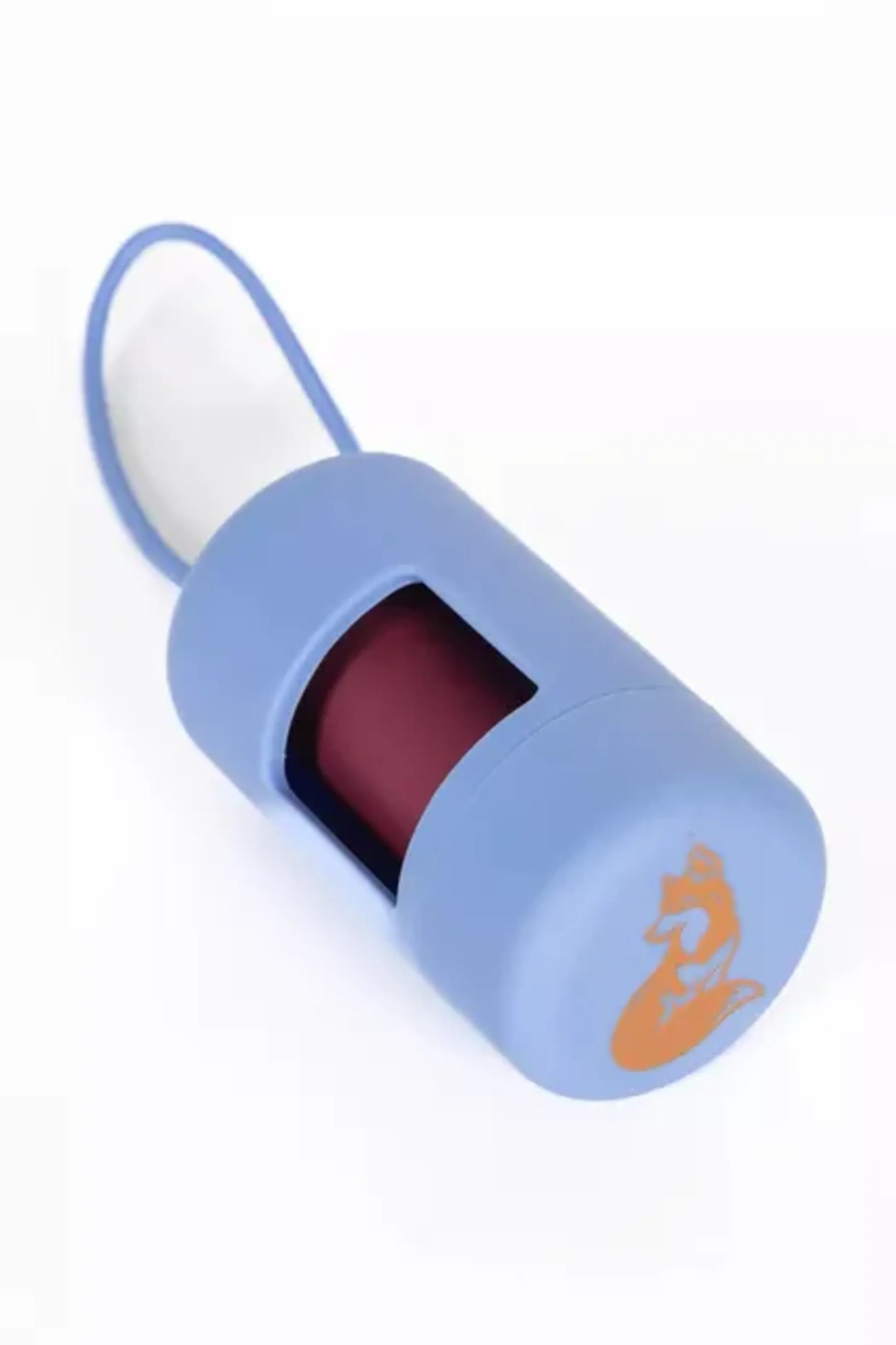 Cornflower Blue Waste Bag Dispenser – Blue silicone dispenser with red bag roll on white background – Dog waste bag holder – Rosie's Pet Paradise