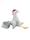 A plush gray dog toy with microfiber legs and a red collar, designed to resemble a chicken.