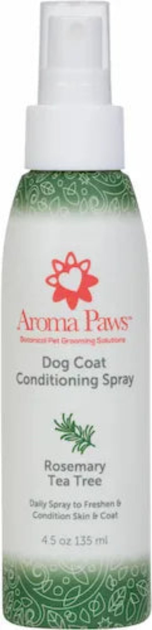 A 4.5 oz bottle of Aroma Paws Dog Coat Conditioning Spray in Rosemary Tea Tree scent.