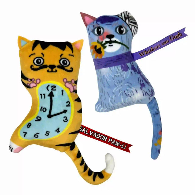 Two cat-shaped plush toys with decorative ribbons on a white background
