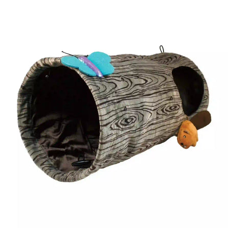 A gray KONG Burrow cat toy with a crinkle tunnel and attachments shaped like a butterfly and a beaver.