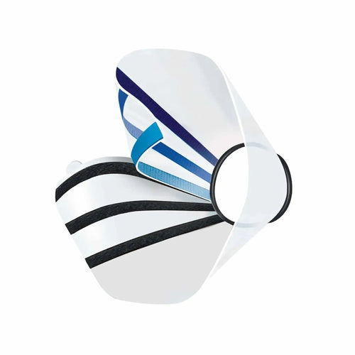 White boxing glove with blue and black accents on a white background