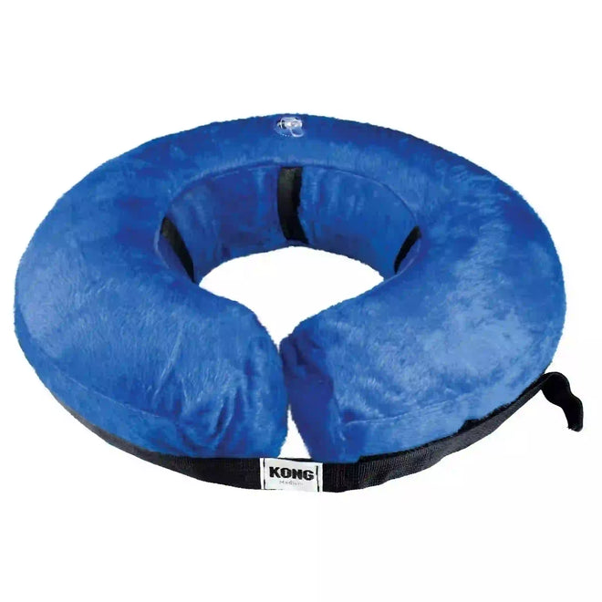 A blue KONG E-Collar Cloud, a soft inflatable medical collar for pets.