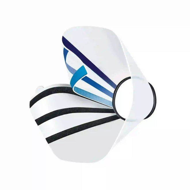 White boxing glove with blue and black accents on a white background