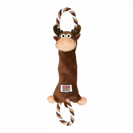 The KONG Tugger Knots Moose is a tough, interactive tug and shake toys that dogs love. Each toy has knotted ropes inside for a realistic feel, which extend outside the toy creating tug handles at both ends. This unique design creates a captivating variety of textures and resistance that dogs love - and it contains a squeaker for added fun.