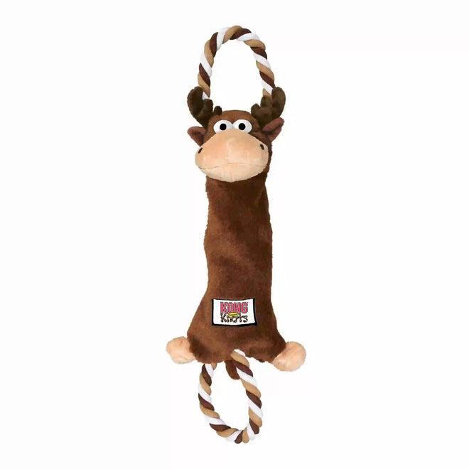 The KONG Tugger Knots Moose is a tough, interactive tug and shake toys that dogs love. Each toy has knotted ropes inside for a realistic feel, which extend outside the toy creating tug handles at both ends. This unique design creates a captivating variety of textures and resistance that dogs love - and it contains a squeaker for added fun.