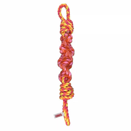 A multicolored KONG Rope Bunji Dog Toy with knotted and twisted rope design, featuring a loop at the top for playing.