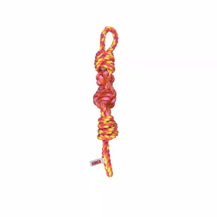 A multicolored KONG Rope Bunji Dog Toy with knotted and twisted rope design, featuring a loop at the top for playing.