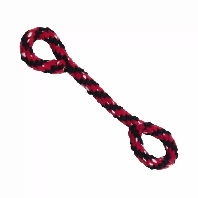 A red and black braided cotton and fleece dog toy with double ring ends for tug-of-war games.
