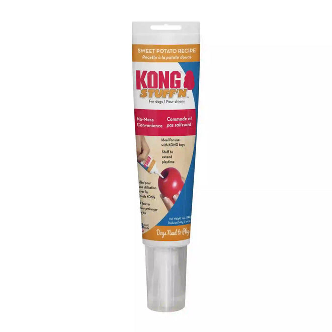 A tube of KONG Stuff'N Sweet Potato dog treat paste with product information and branding visible.