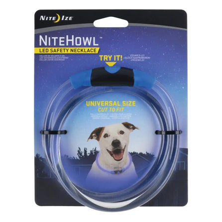 Packaging of Nite Ize NiteHowl LED Safety Necklace featuring a flexible polymer tube with LEDs, designed to be worn around a dog's neck for visibility and safety.