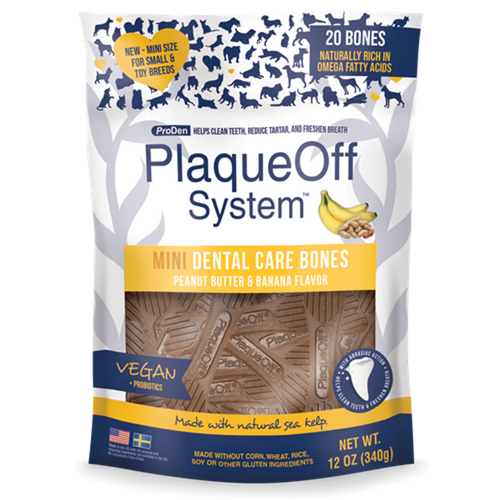 Packaging of PlaqueOff MINI Dental Care Bones for dogs with Peanut Butter & Banana flavor. The bag is blue and white with images of the product and a dog.