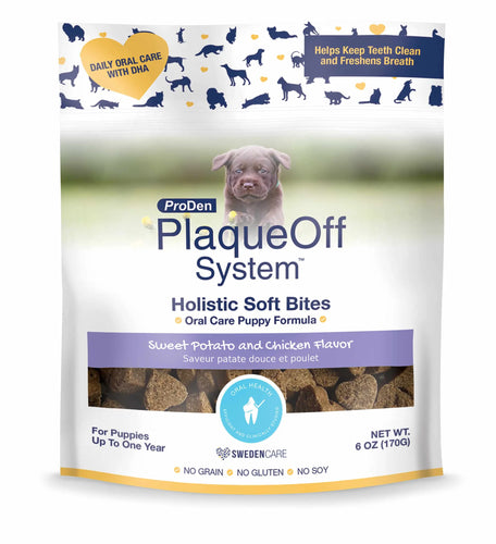ProDen PlaqueOff System(TM) Holistic Soft Bites for Puppies are safe for daily use as a delicious addition to your puppy's early daily oral care routine. 