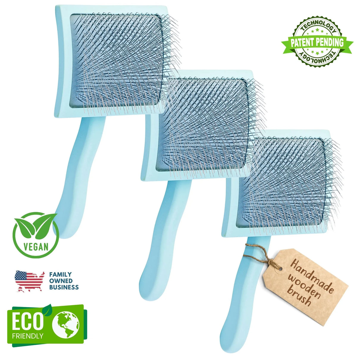 “Pack of three large light-blue curved slicker brushes with metal pins and long handles for pet grooming.”