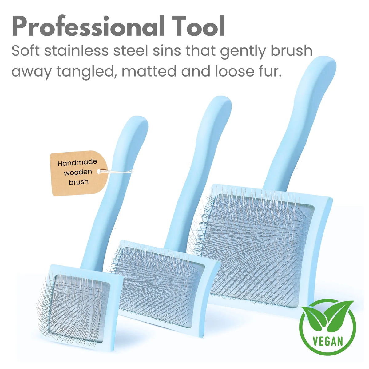 “Pack of three large light-blue curved slicker brushes with metal pins and long handles for pet grooming.”