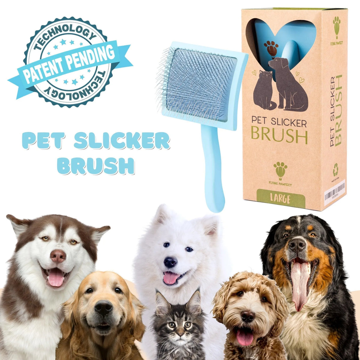“Pack of three large light-blue curved slicker brushes with metal pins and long handles for pet grooming.”