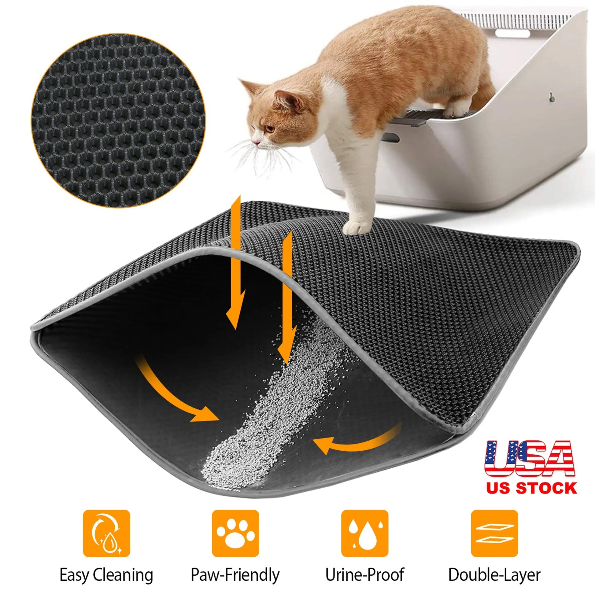 Cat litter mat with a cat on top, showing its features and benefits.