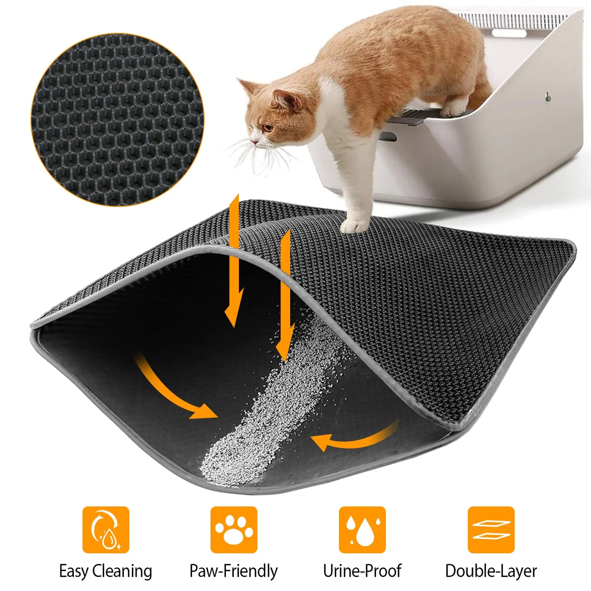 Cat litter mat with a cat using a litter box, showing its features and benefits.