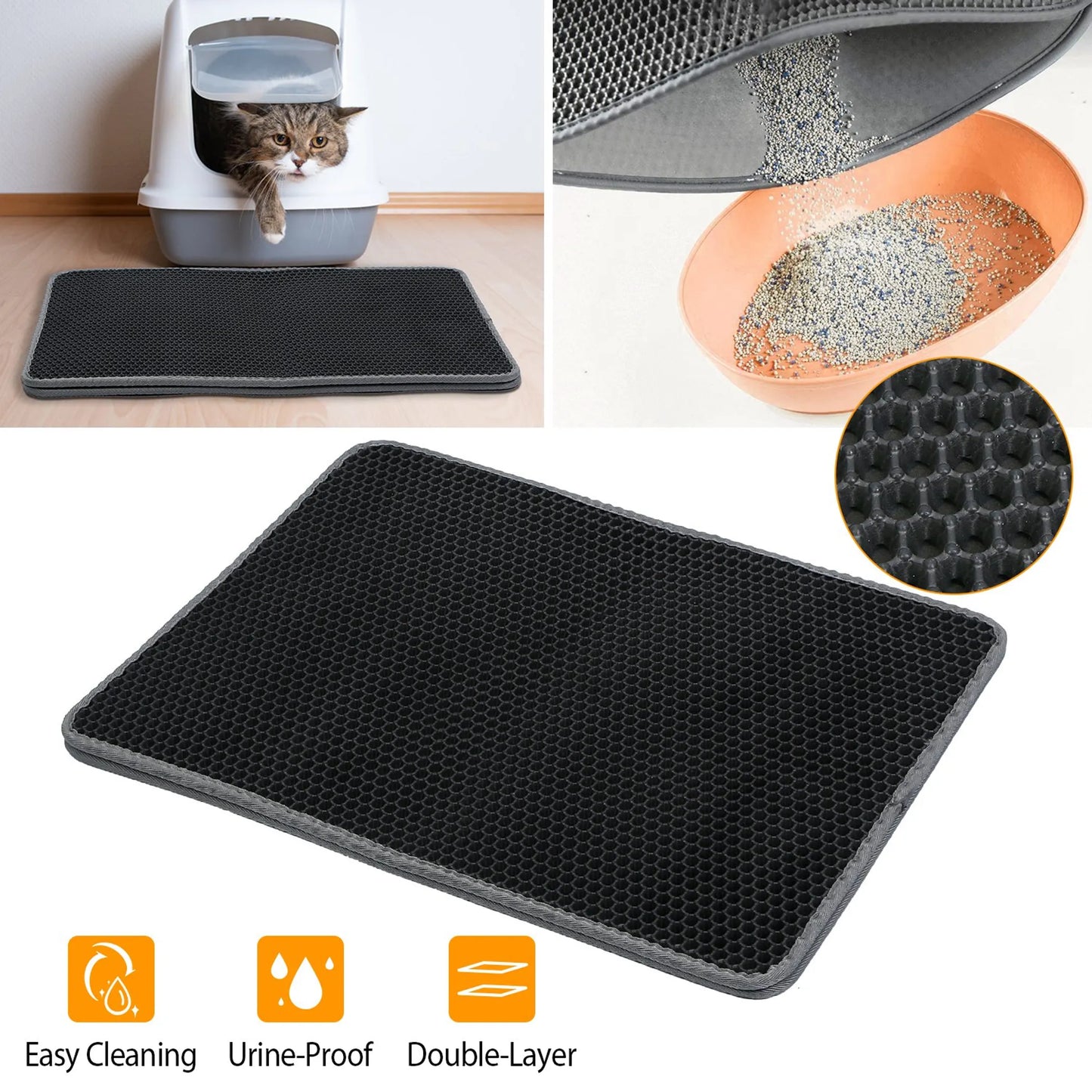 Cat litter mat with a cat peeking out, litter scoop, and close-up of the mat's texture.