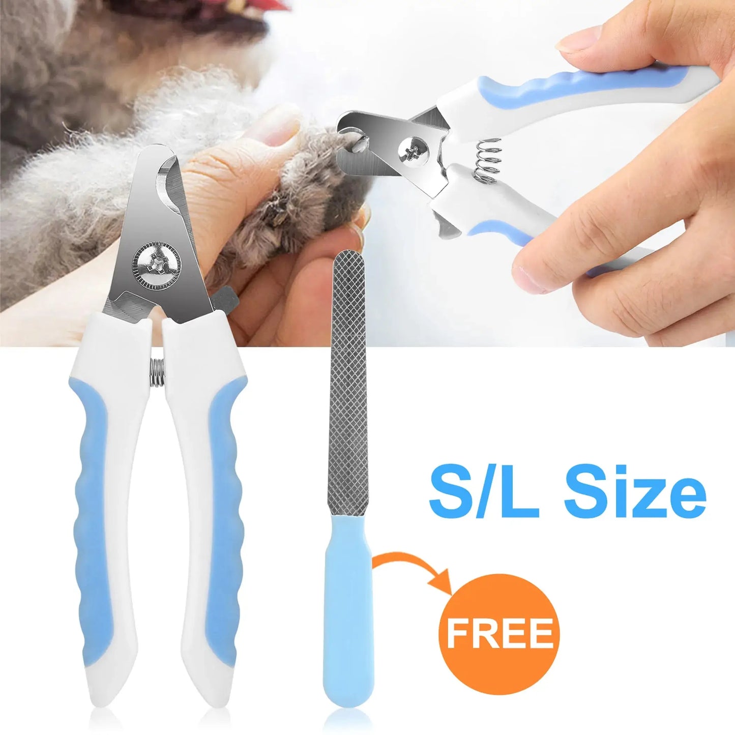 Dog Nail Clippers – White and blue handled pet nail clippers on white background – Professional dog nail clippers – Rosie's Pet Paradise